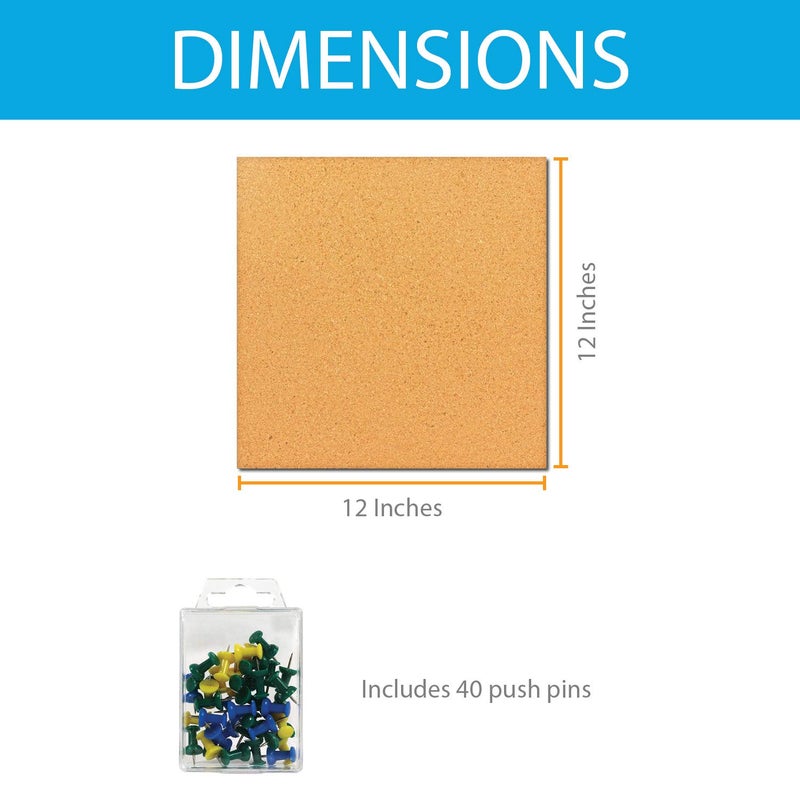 Millennial Essentials 12 x 12 Inch Square Cork Board Tiles with Self Adhesive Backing, 1/2 Inch Thick, Mini Wall Bulletin Boards for Notes, Photos, 2 Pack with 40 Push Pins (Cork (2 Pack)) - Image 4